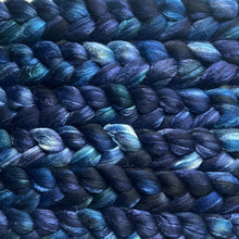 Load image into Gallery viewer, Grey Merino Tussah Silk Blend - &quot;Twilight&quot; - Hand Dyed Wool Combed Top - Soft Spinning Fiber
