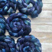 Load image into Gallery viewer, Grey Merino Tussah Silk Blend - &quot;Twilight&quot; - Hand Dyed Wool Combed Top - Soft Spinning Fiber
