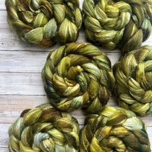 Load image into Gallery viewer, Grey Merino Tussah Silk Blend - &quot;Grellow&quot; - Hand Dyed Wool Combed Top - Soft Spinning Fiber
