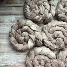 Load image into Gallery viewer, Merino Silk Slub Blend - "Whisper" - Hand Dyed Wool Combed Top - Soft Spinning Fiber - Slubby Textured Fiber
