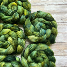 Load image into Gallery viewer, Polwarth/Tussah Silk - &quot;Moss&quot; - Hand Dyed Combed Top - Spinning Fiber - Roving - Cultivated Silk
