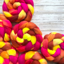 Load image into Gallery viewer, Dorset Horn Hand Dyed Combed Top - &quot;Razzmatazz&quot; - Spinning Fiber - Fiber for Spinning Socks - British Wool Roving for Felting Weaving

