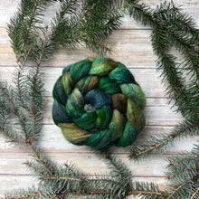 Load image into Gallery viewer, Mixed Blue Faced Leicester Tussah Silk Blend Hand Dyed Combed Top - &quot;In the Woods&quot; - Spinning Fiber - 26 Micron - BFL - Wool Roving
