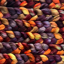 Load image into Gallery viewer, Mixed Blue Faced Leicester Tussah Silk Blend Hand Dyed Combed Top - &quot;Into the Fire&quot; - Spinning Fiber - 26 Micron - BFL - Wool Roving
