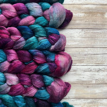 Load image into Gallery viewer, Mixed Blue Faced Leicester Tussah Silk Blend Hand Dyed Combed Top - &quot;Dream of Me&quot; - Spinning Fiber - 26 Micron - BFL - Wool Roving

