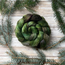 Load image into Gallery viewer, Mixed Blue Faced Leicester Tussah Silk Blend Hand Dyed Combed Top - &quot;Moss&quot; - Spinning Fiber - 26 Micron - BFL - Wool Roving
