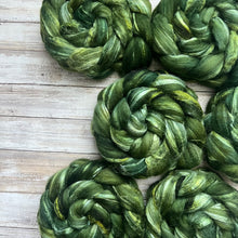 Load image into Gallery viewer, Grey Merino Tussah Silk Blend - &quot;Moss&quot; - Hand Dyed Wool Combed Top - Soft Spinning Fiber
