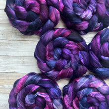 Load image into Gallery viewer, Grey Merino Tussah Silk Blend - &quot;Purple Glow&quot; - Hand Dyed Wool Combed Top - Soft Spinning Fiber
